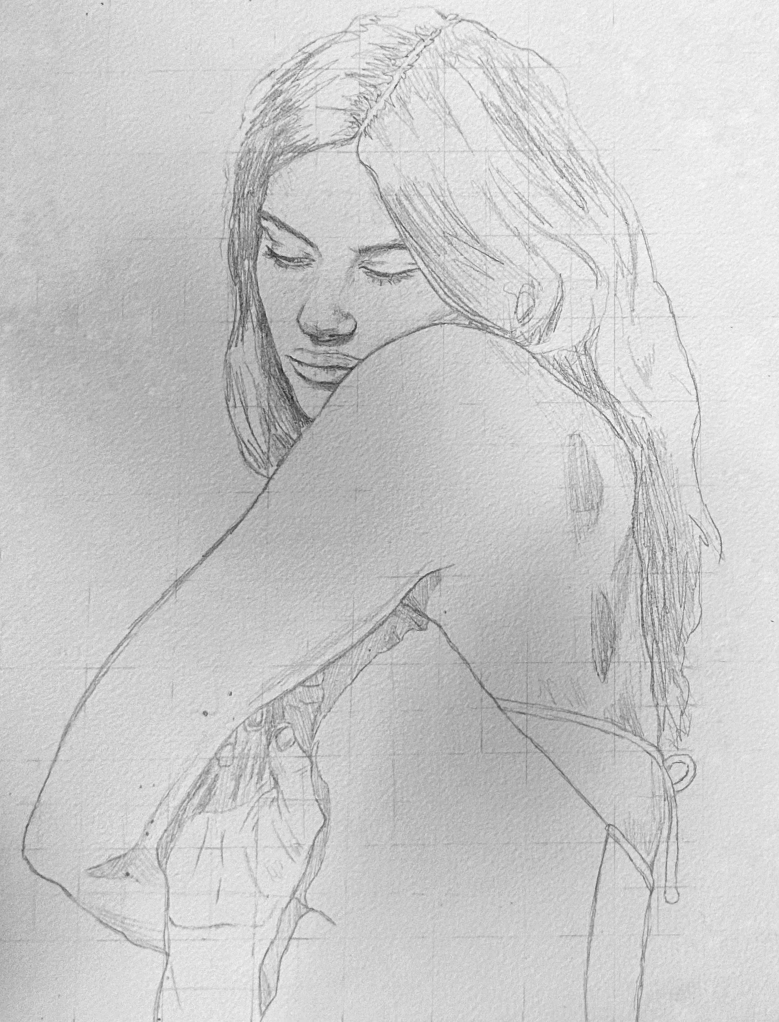 Pencil sketch of a woman with long hair, eyes closed, resting her head on her shoulder.