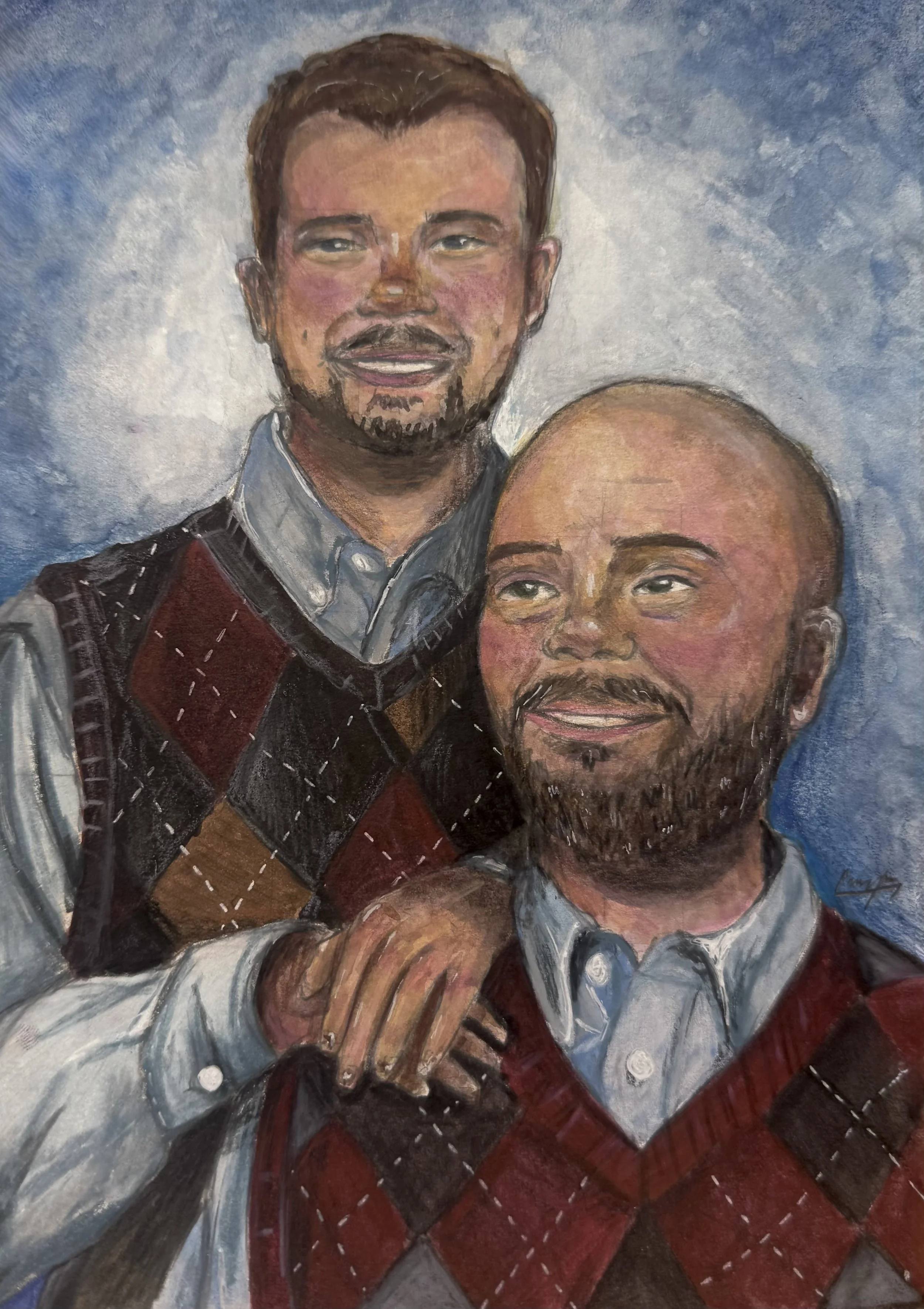 A painting of two men with beards, wearing vests over shirts, smiling, with a blue background.