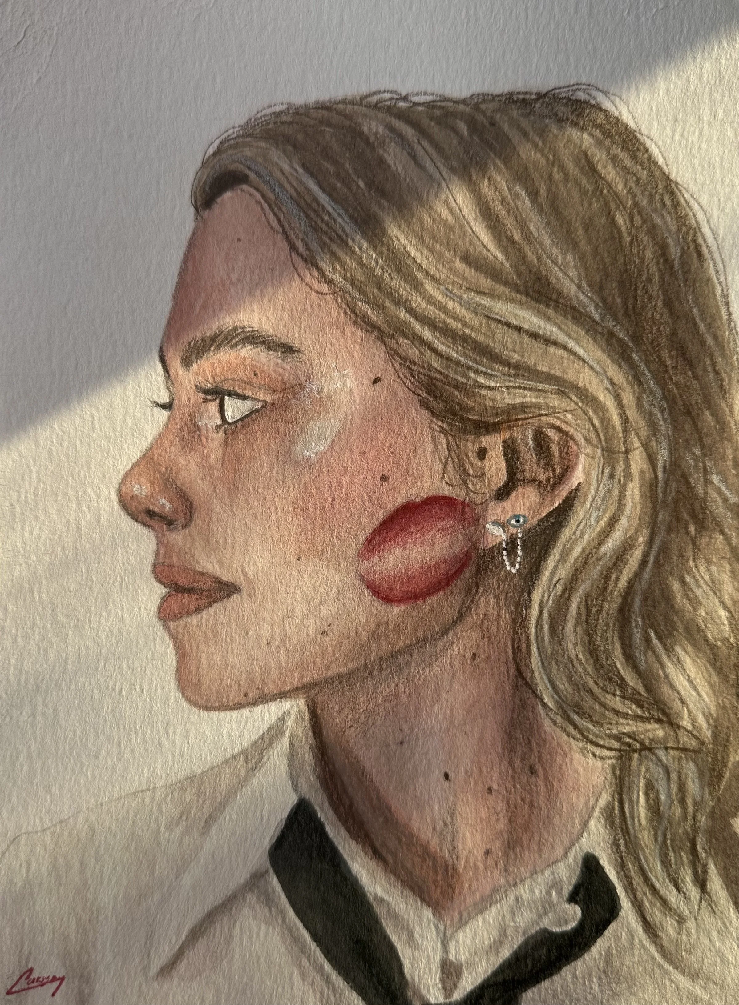 Watercolor painting of a woman with blonde hair and red lipstick, wearing a black dress and a small hoop earring, in profile view.