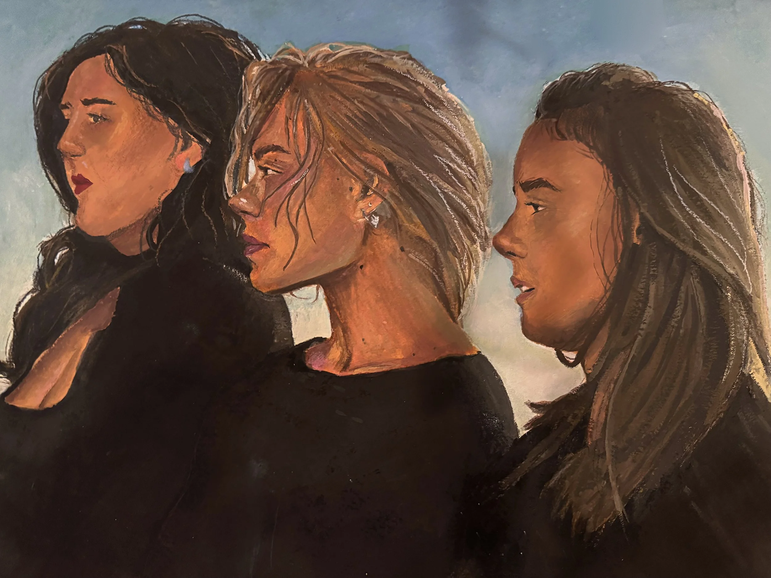 A painting of three women with different skin tones and hair types, looking to the right, against a light blue background.