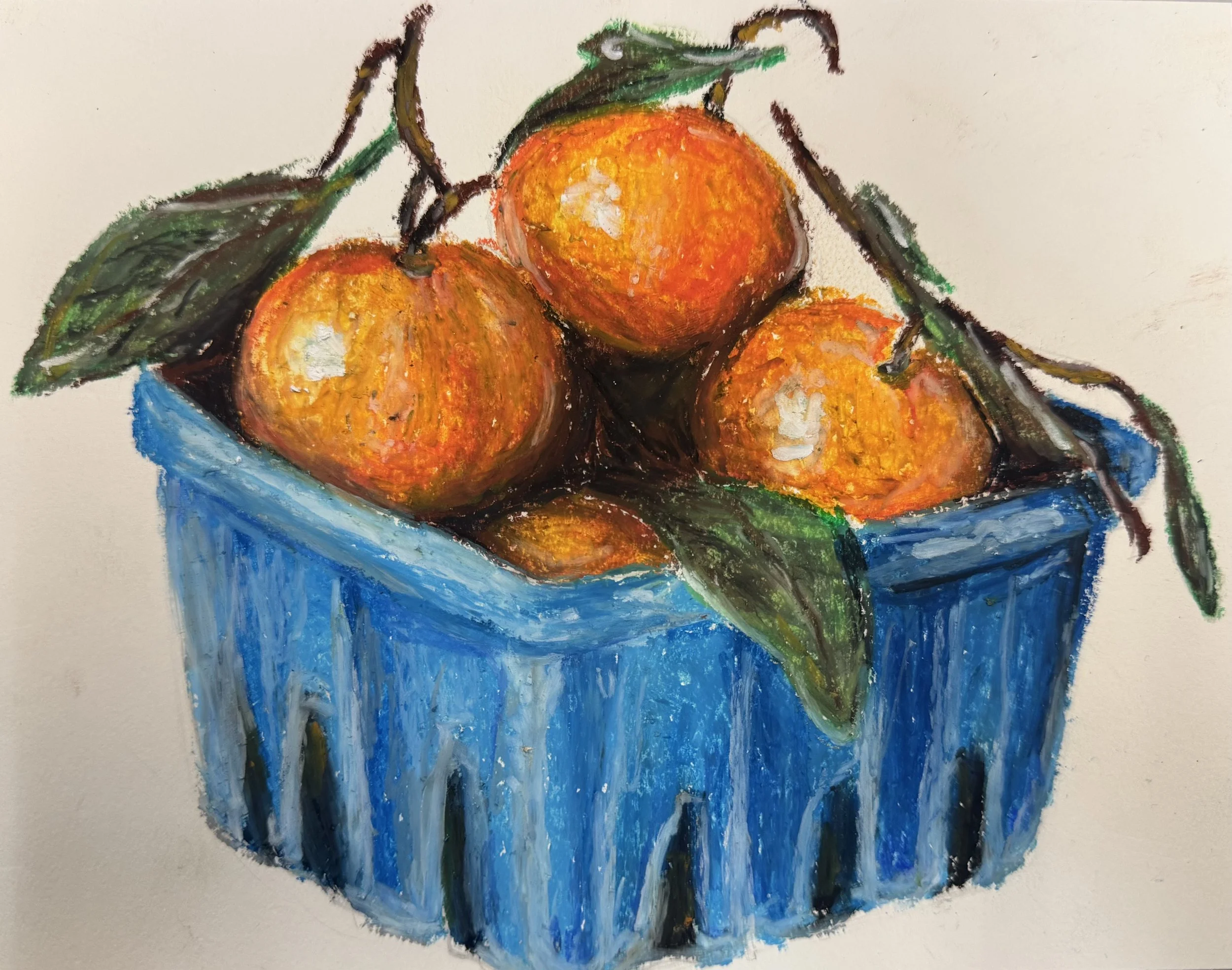 A colorful impressionistic painting of a bowl of oranges with green leaves, set on a blue surface.