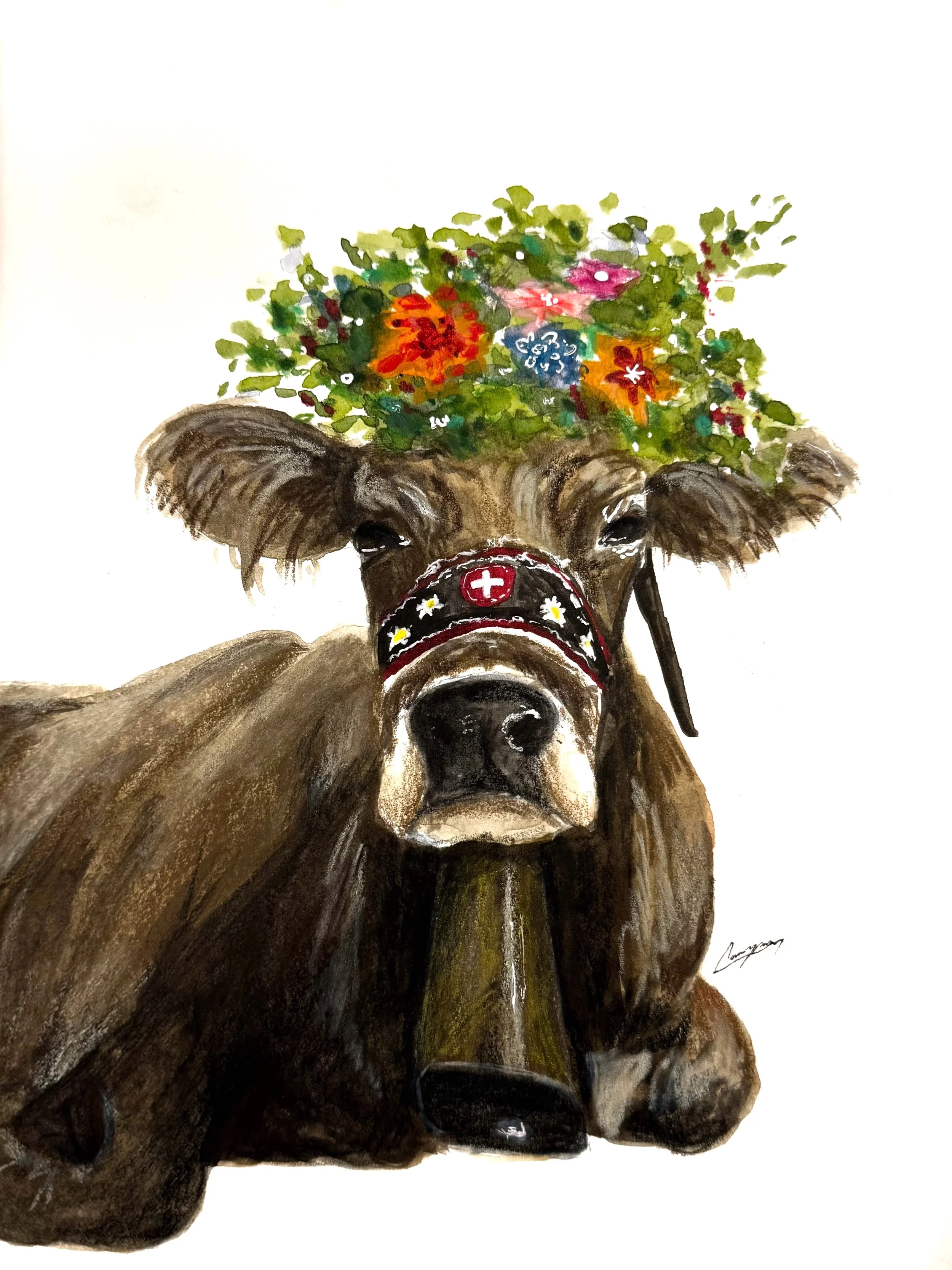 Watercolor painting of a brown dog with large ears, wearing a black collar with yellow and white details, and a red cross symbol on its forehead, with colorful flowers growing from its head.
