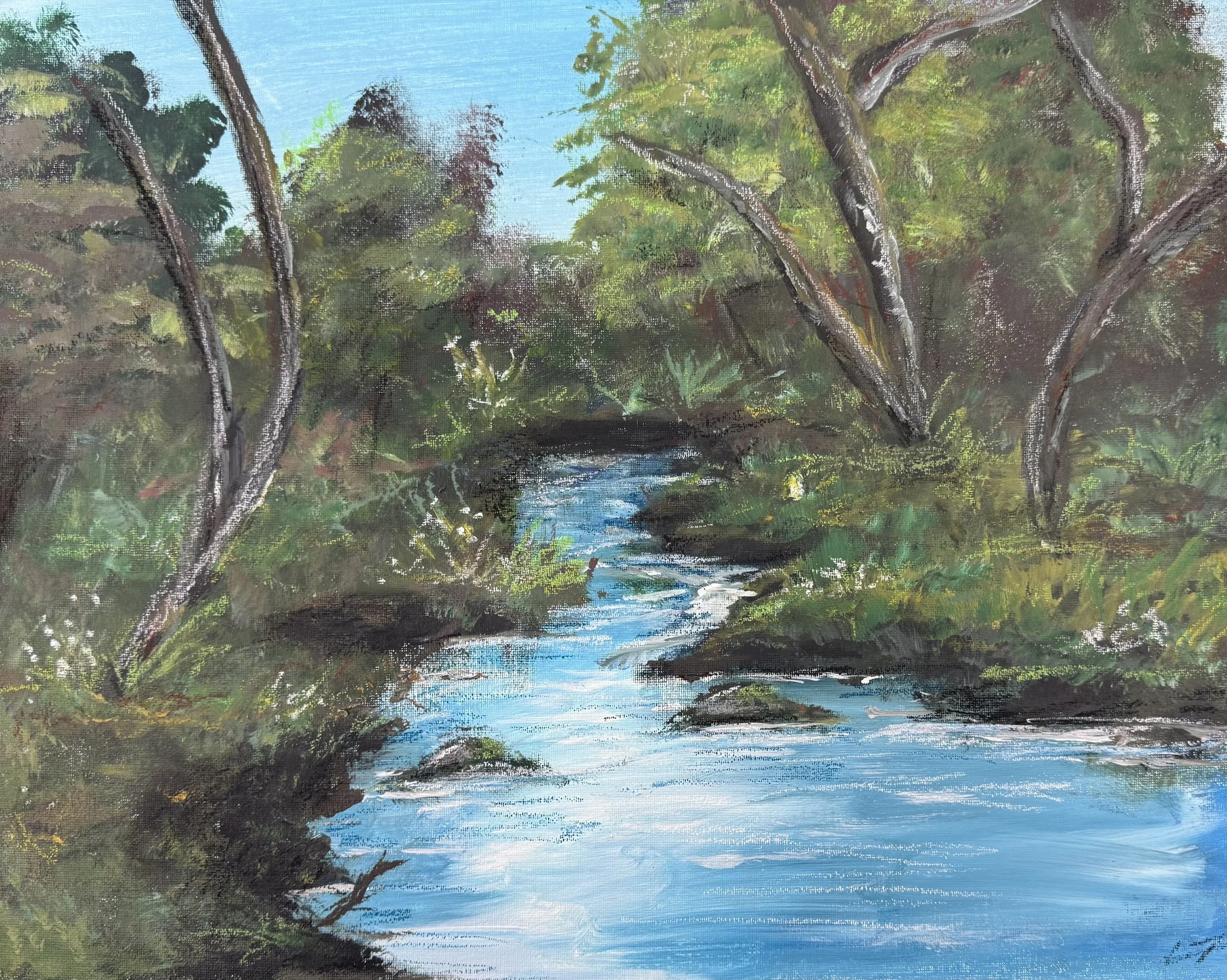 A landscape painting of a river flowing through a lush forest with tall trees on both sides, under a bright blue sky.