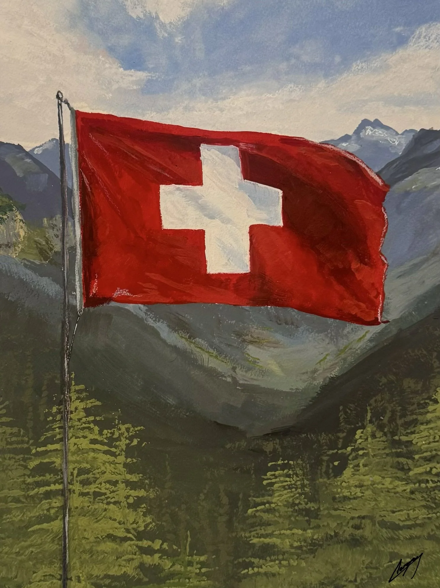 A painting of a Swiss flag with a large white cross on a red background, flying on a flagpole in a mountainous landscape. The background features snow-capped mountains and a partly cloudy sky.