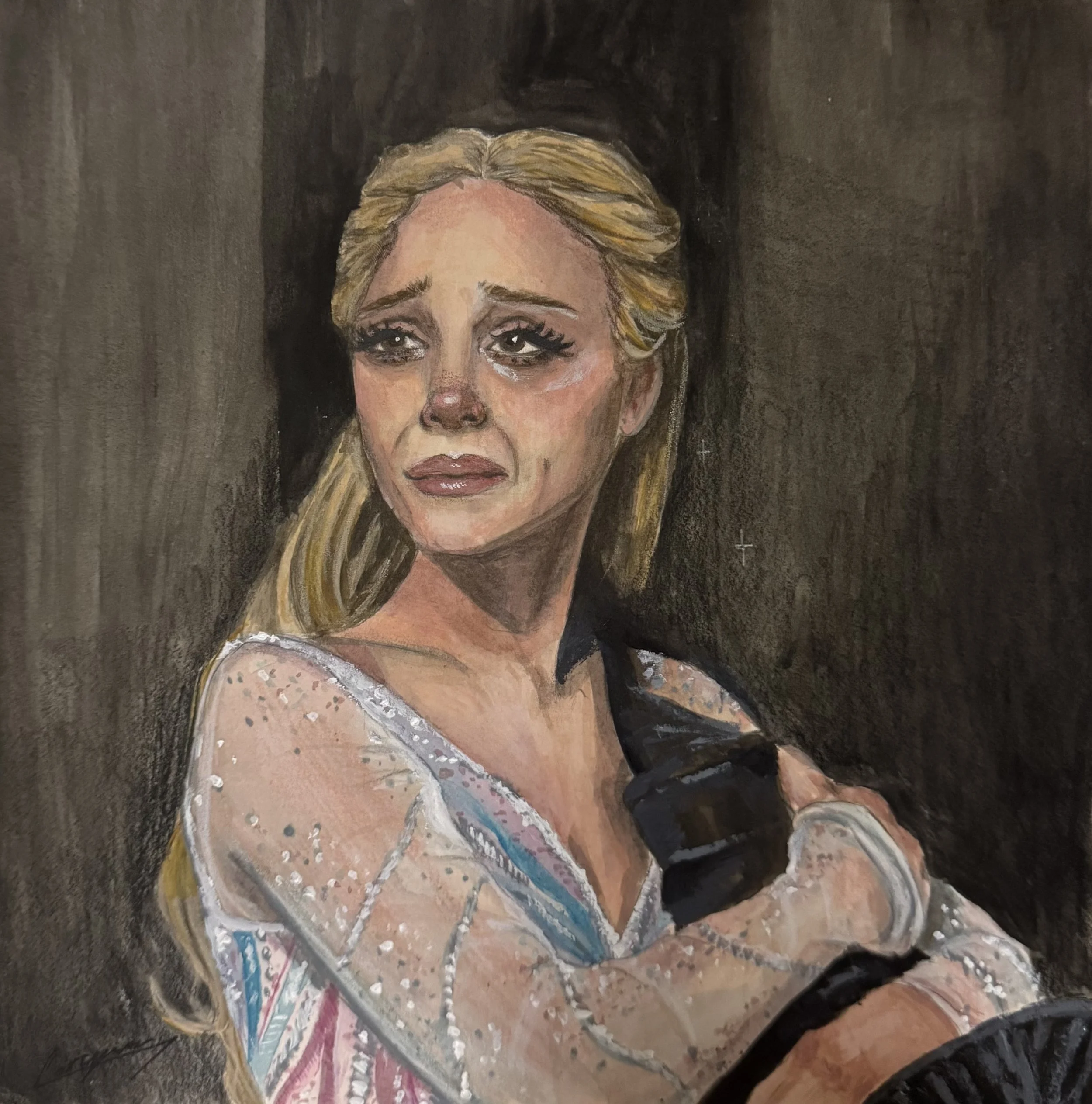 A painted portrait of a woman with blonde hair and a serious expression, wearing a white and multicolored polka-dot top, with a dark background.