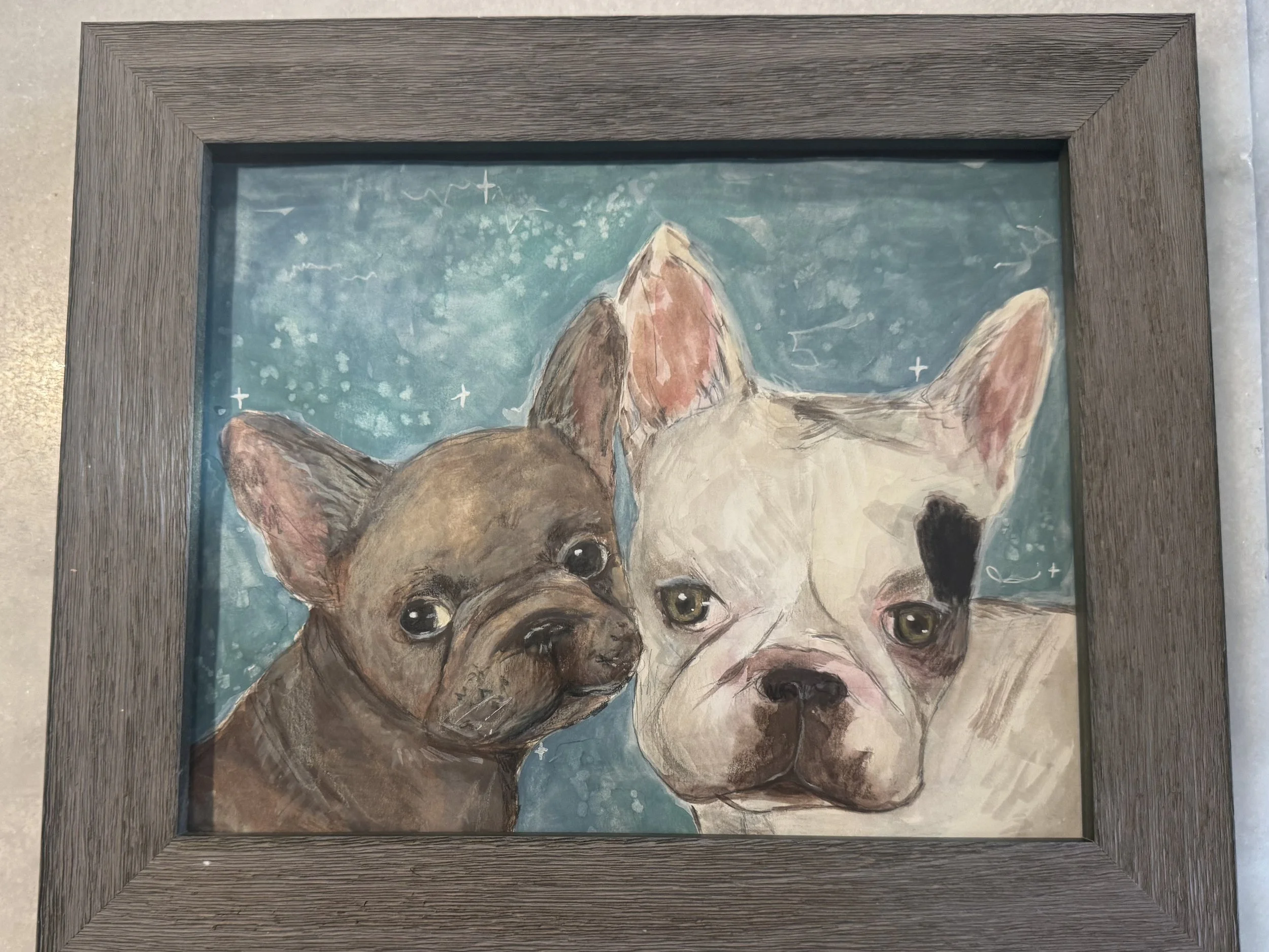 Painted portrait of a dog with large, expressive eyes, inside a dark wooden frame.