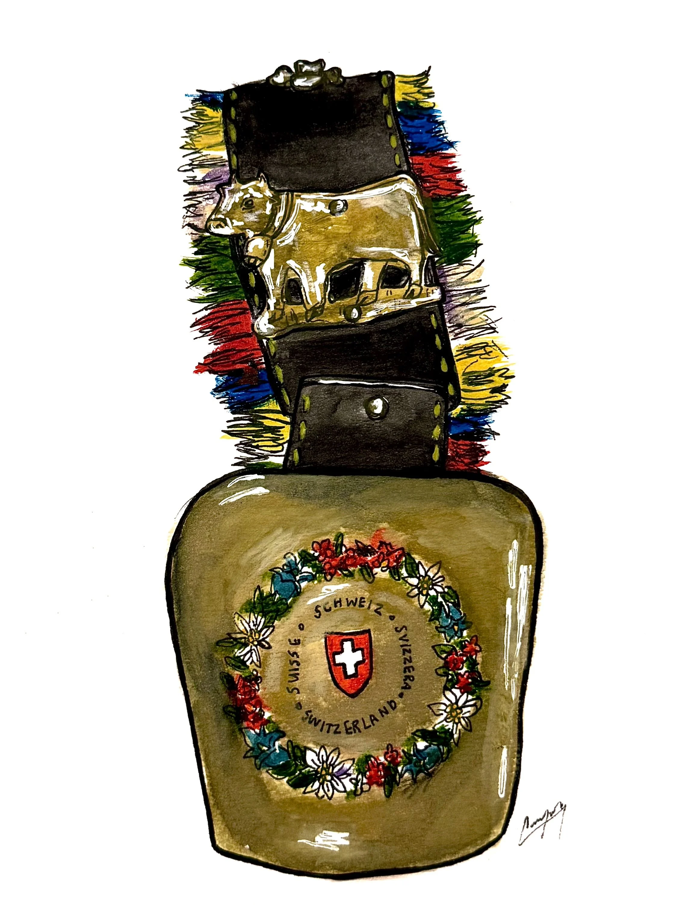 A portrait of a Swiss army knife with a tan handle, decorated with a floral wreath and the Swiss coat of arms, with the word "Switzerland" inscribed, and a small part of a signature visible at the bottom right.