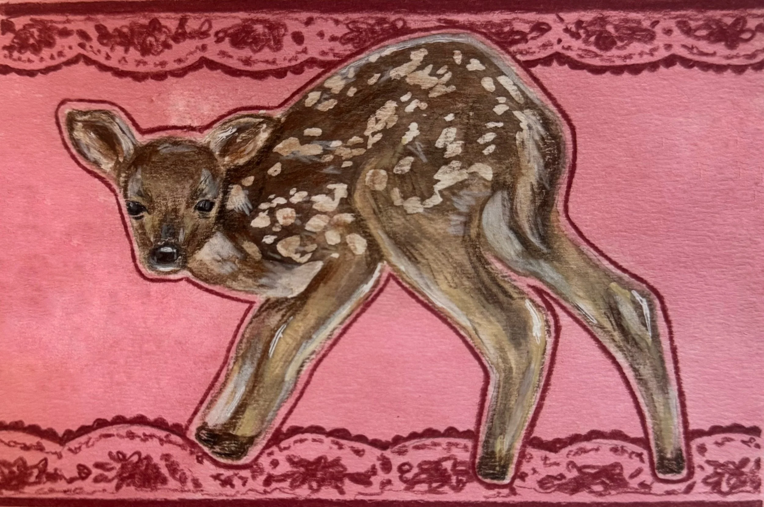 A painting of a fawn on a pink background with decorative border elements.
