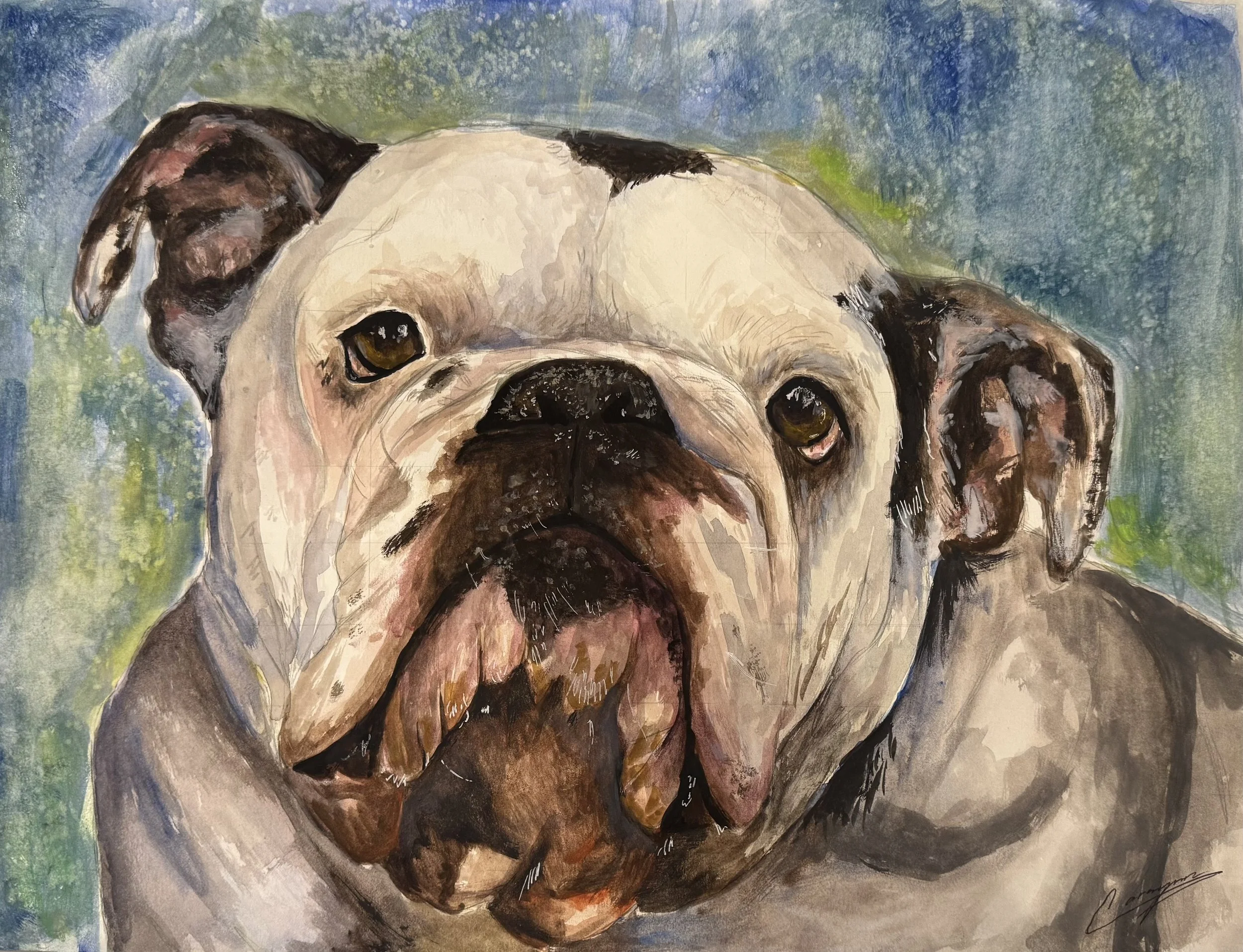 Painting of a bulldog with a beige face and dark ears, set against a blue and green background.