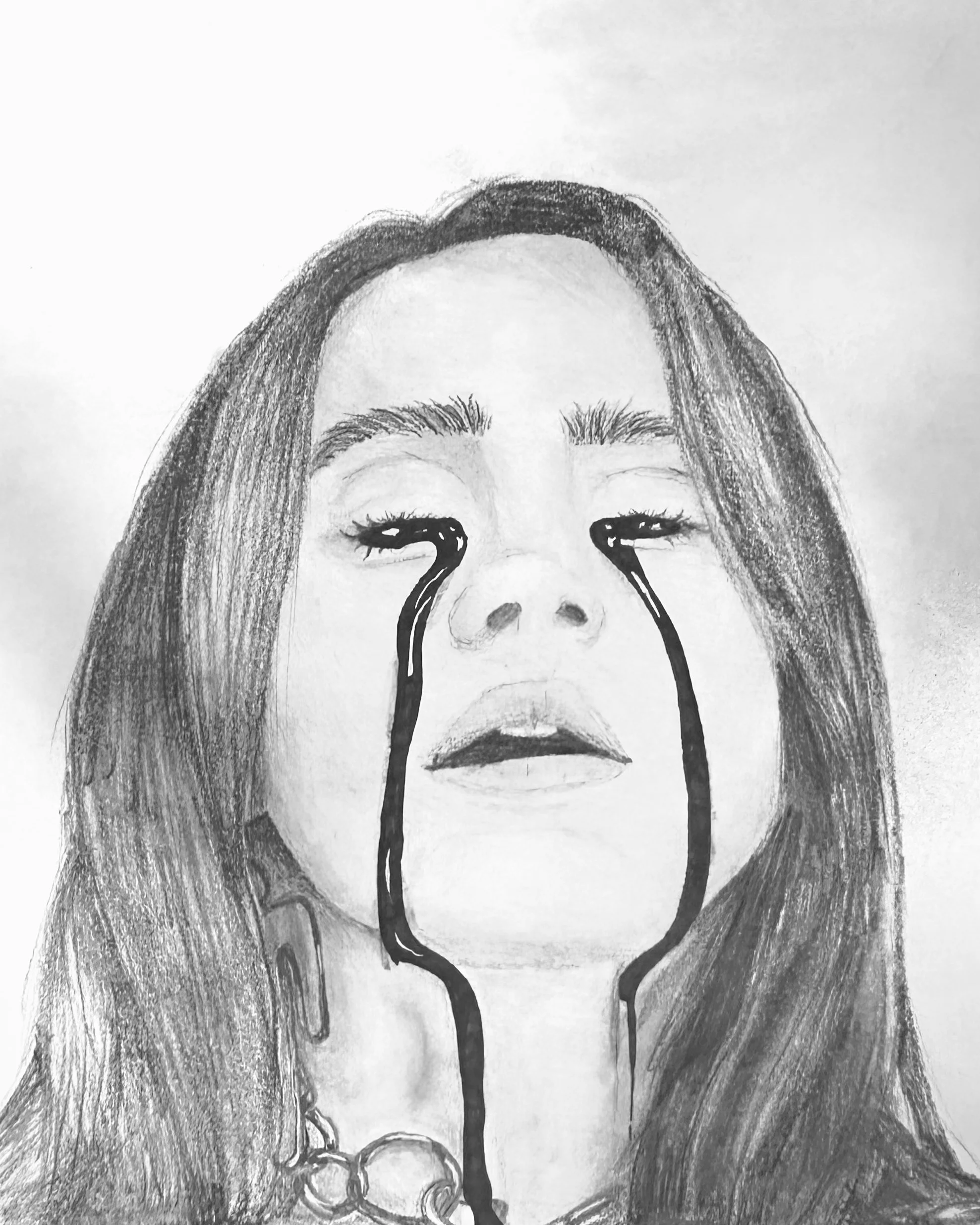 A black and white pencil drawing of a woman with long hair, her eyes closed, and tears streaming down her face.