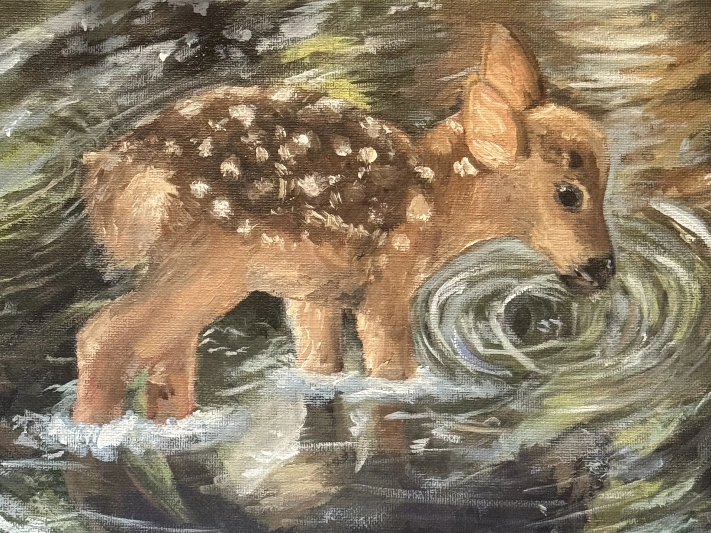 A painting of a small brown dog with black eyes and a black nose among green plants, white flowers, and rocks.