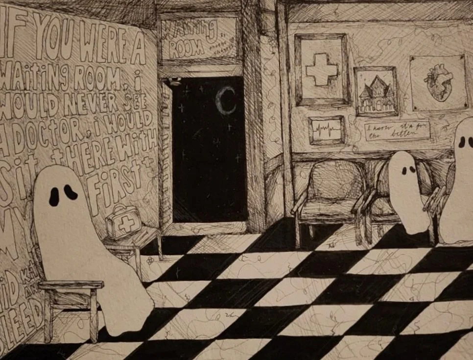 Black and white drawing of a waiting room with ghost-like figures sitting and talking. Walls have medical-themed drawings and quotes, including a large quote on the left about not seeing a doctor first. The floor has a checkered pattern, and there ar