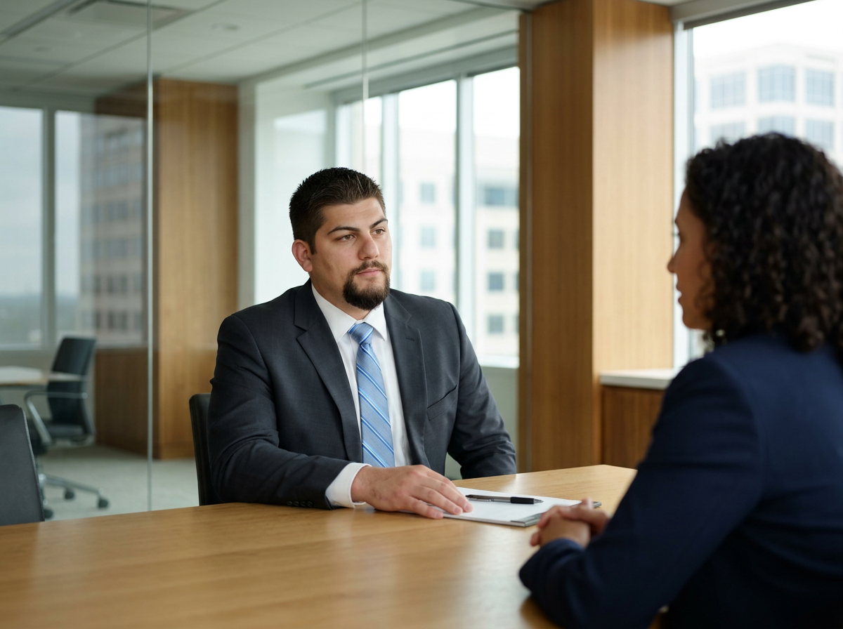 A man in a suit and tie sitting across from a woman in a suit during a professional interview or meeting in a modern office with large windows.
