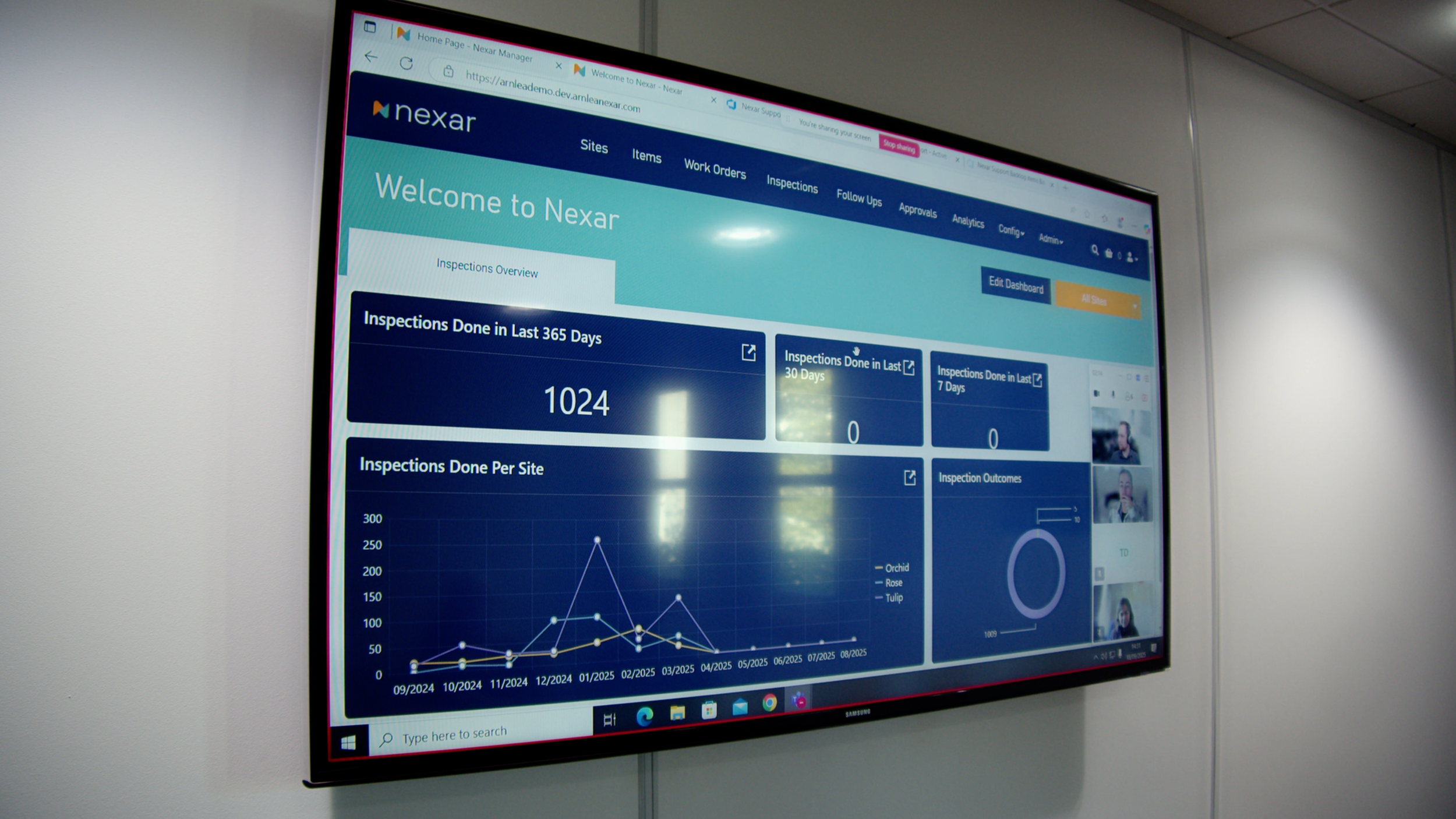 NEXAR software dashboard displaying charts and operational data alongside a team video call.