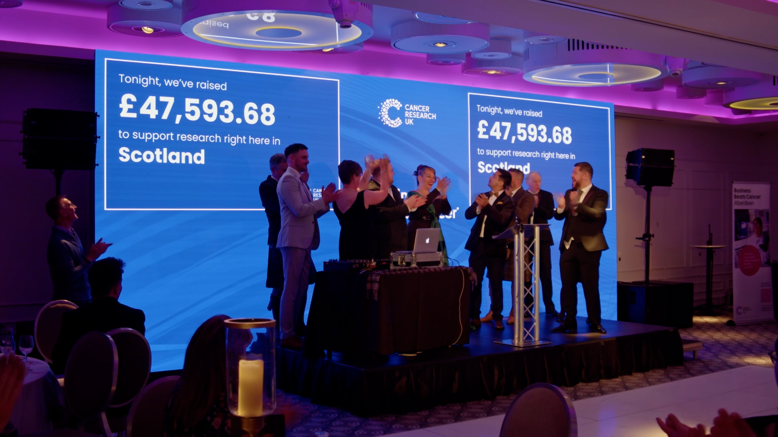 Business Beats Cancer Aberdeen board members and presenter applauding on stage as the fundraising total is displayed behind them.