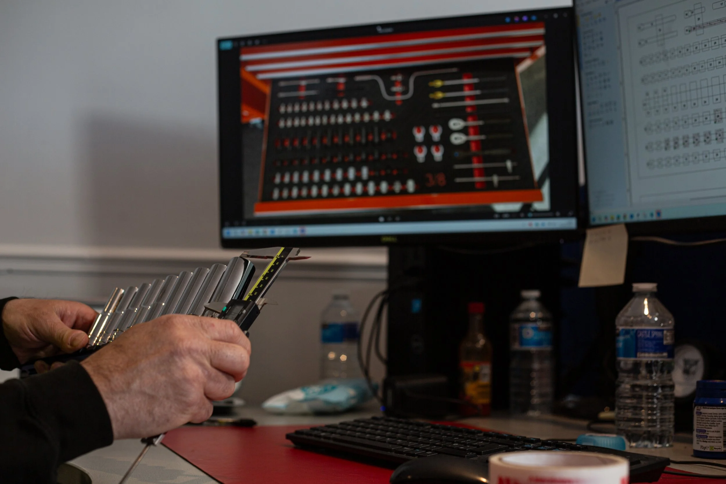 AIC worker measuring tools with a custom toolkit layout displayed on the computer screen behind.