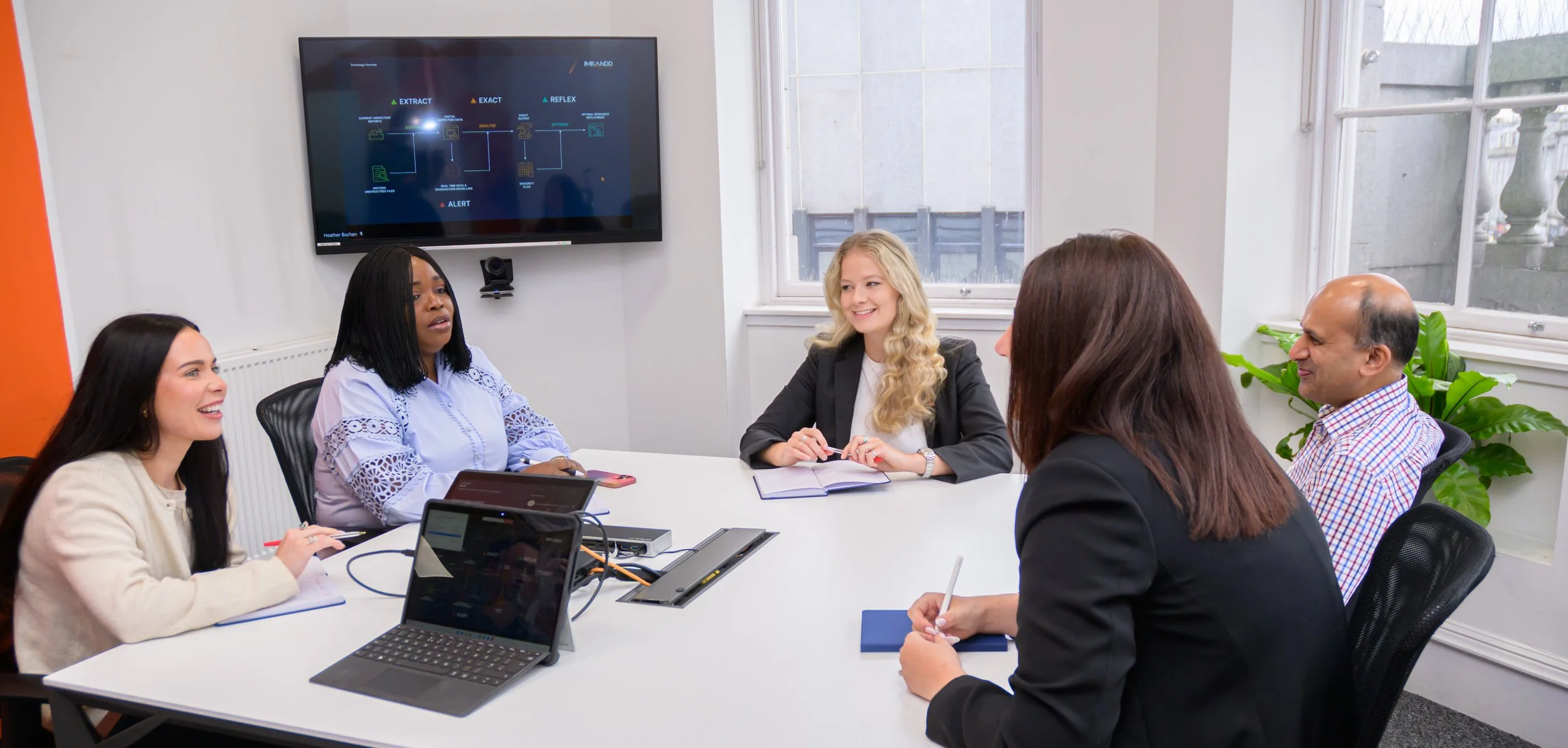 IMRANDD team members taking part in a strategy session around a table with a chart displayed on screen.