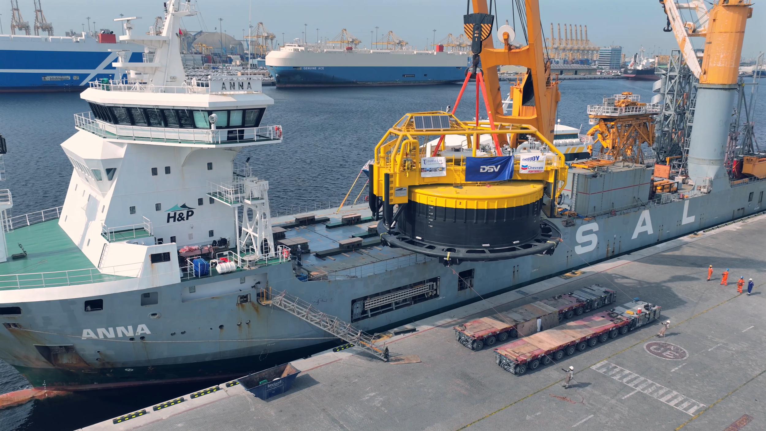A large industrial load being lifted by crane onto a vessel during a DSV Aberdeen operation.