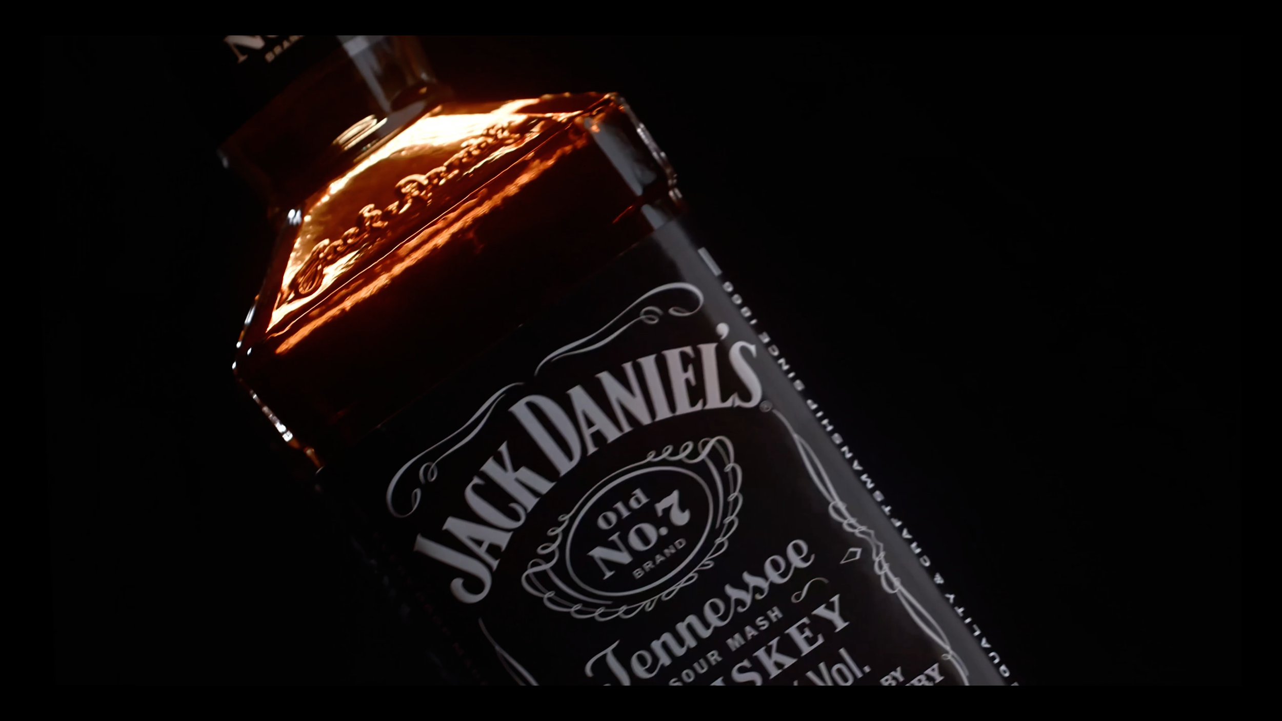 Angled product shot of a Jack Daniel’s bottle for Farsight’s independent spec film.