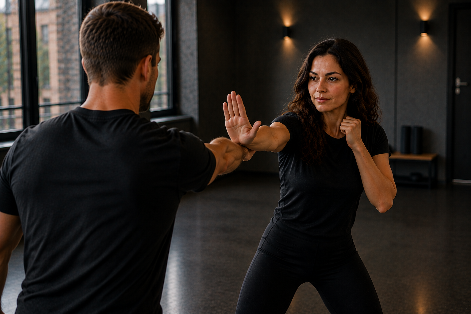 Ein Mann und eine Frau trainieren in einem Fitnessstudio, wobei die Frau eine Kampfkunsttechnik gegen den Mann anwendet.