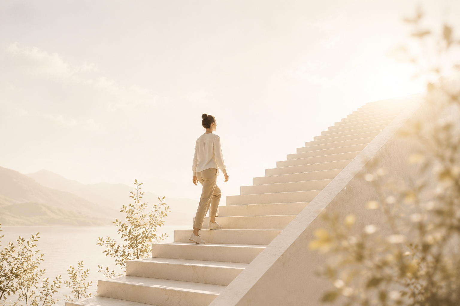 Frau in weißer Bluse und beige Hosen steigt die Stufen einer großen Treppe im Freien bei Sonnenaufgang oder Sonnenuntergang, umgeben von Natur und Wasser, mit Bergen im Hintergrund.