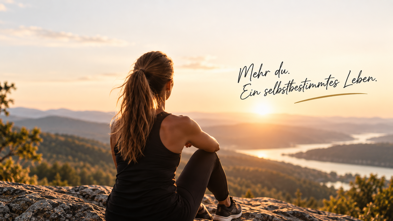 Eine Frau sitzt auf einem Felsen und schaut bei Sonnenuntergang auf eine weite Landschaft mit Fluss und Bergen. Auf dem Bild steht der Text: Mehr du. Ein selbstbestimmtes Leben.