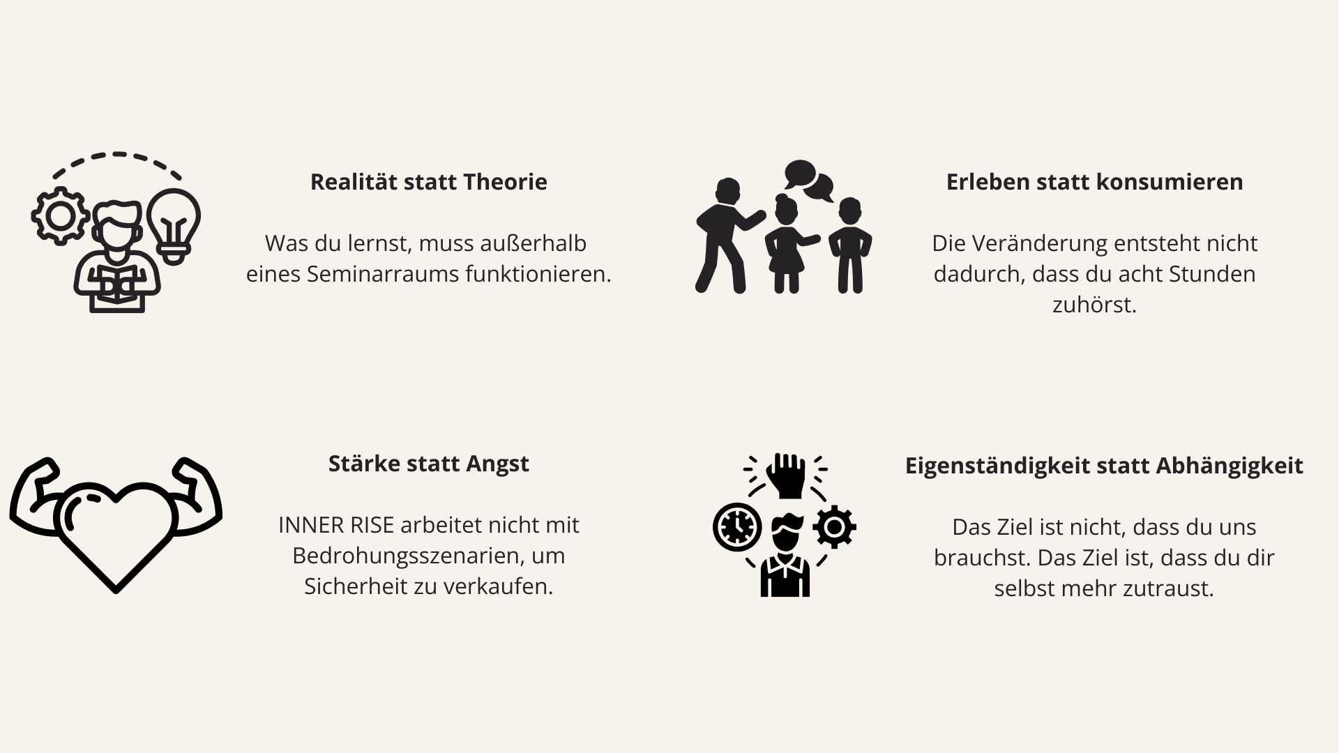 Infografik mit fünf Abschnitten, die verschiedene Prinzipien für persönliches Wachstum darstellen, jeweils mit einem Symbol: Person mit Glühbirne, Gruppeninteraktion, Herz mit Muskeln, Uhr und Zahnrädern.