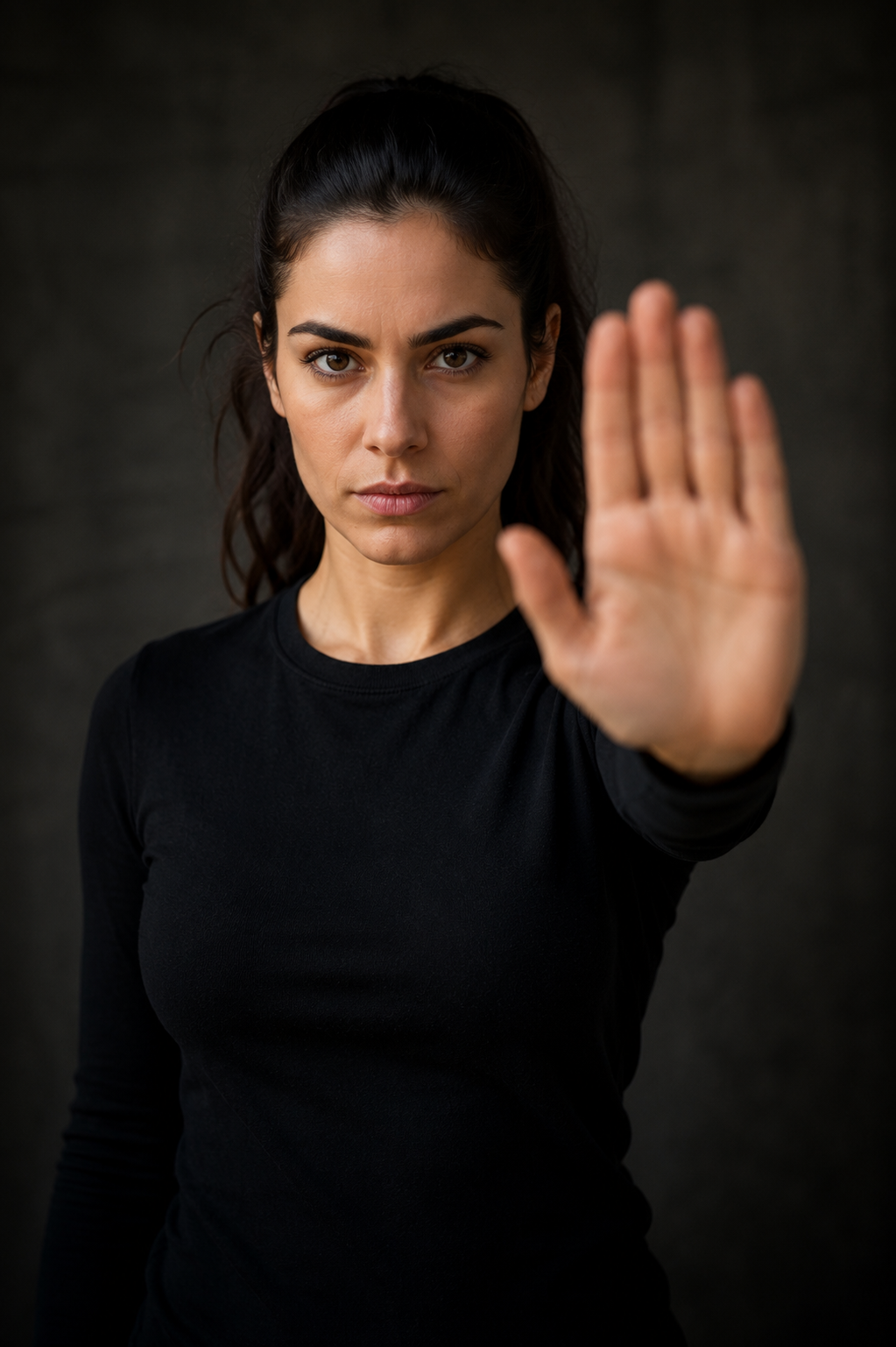 Frau hält Hand vor die Kamera, symbolisiert Stopp oder Zurückhaltung, mit einem ernsthaften Gesichtsausdruck.
