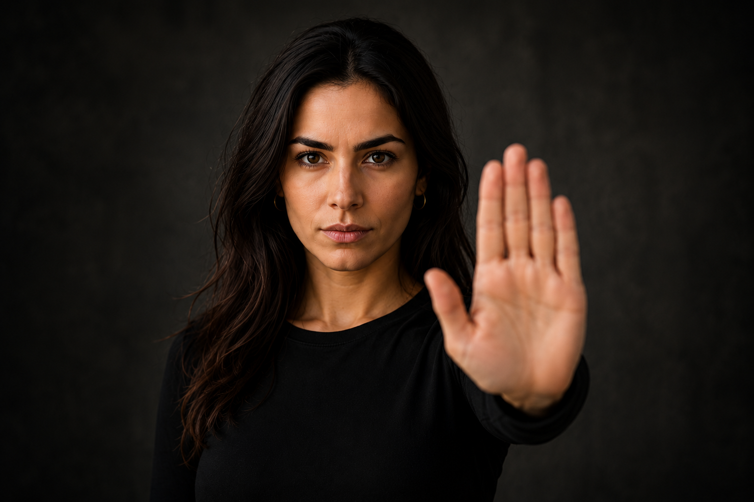 Junge Frau zeigt eine Hand mit ausgestreckten Fingern zur Vermeidung von Kontakt, gegen dunklen Hintergrund.