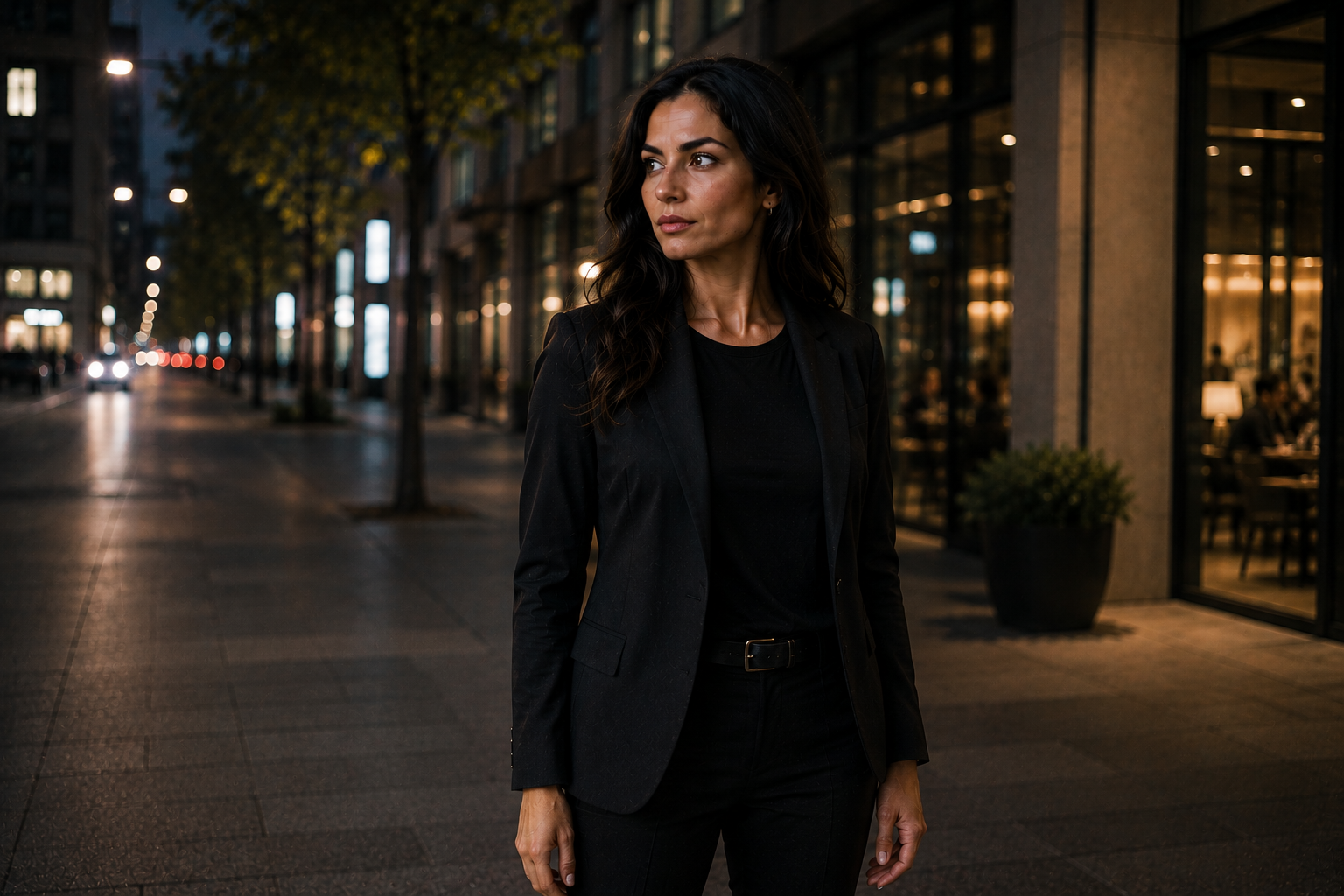 Eine stilvolle Frau in schwarzer Kleidung steht abends auf der Stadtstraße, im Hintergrund leuchten noch die Lichter der Geschäfte und Straßenlampen.