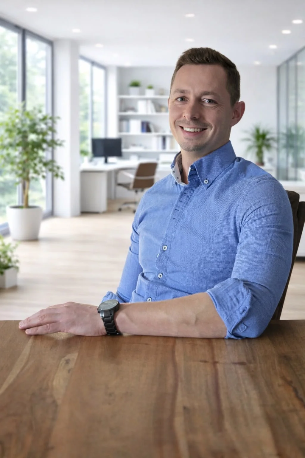 Ein Mann in einem blauen Hemd sitzt an einem Holztisch in einem modernen Büro mit großen Fenstern, Pflanzen und einem Schreibtisch im Hintergrund.