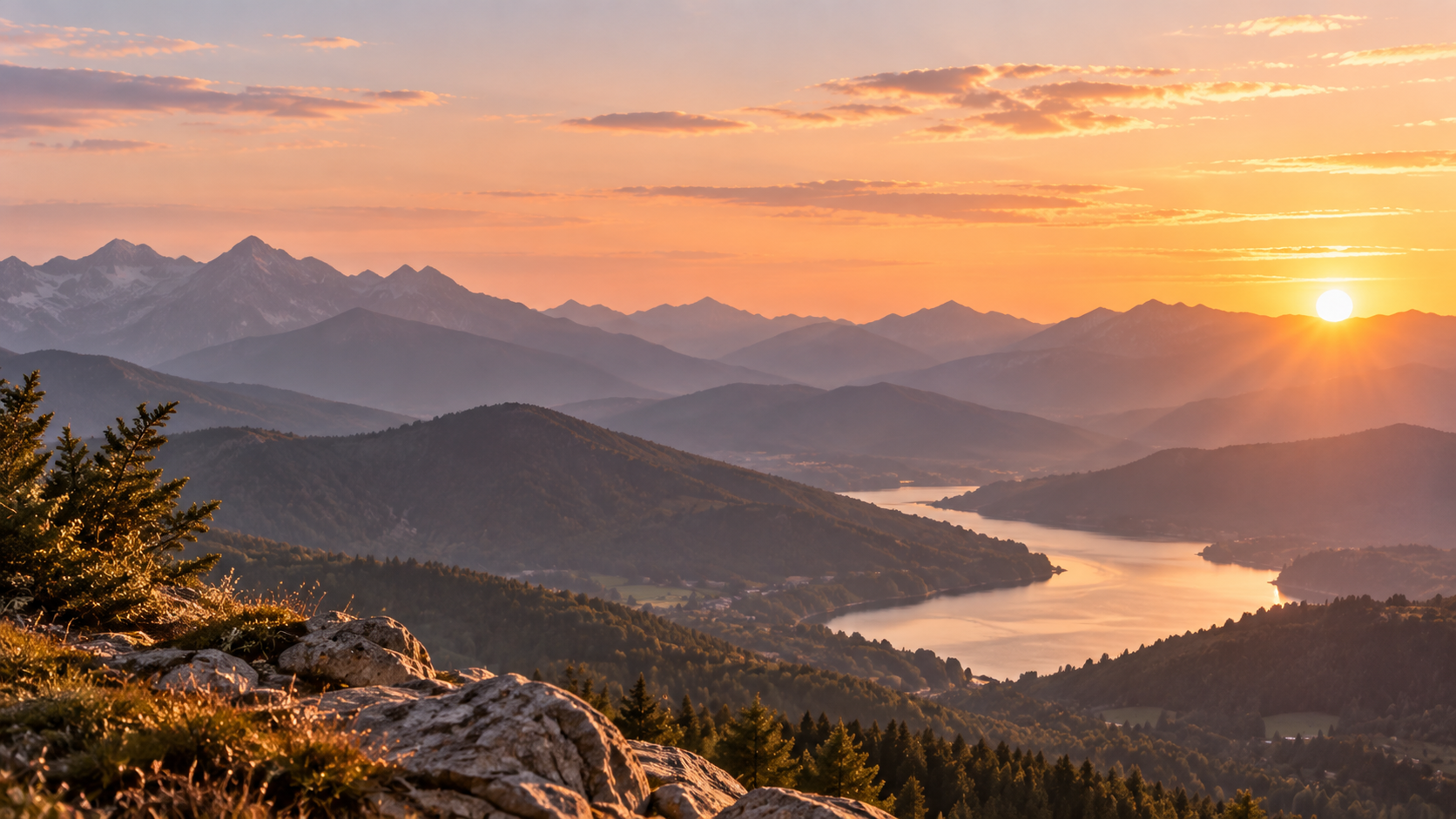 Sonnenaufgang über Bergen und einem Fluss, mit bewölktem Himmel, Bäumen im Vordergrund und schneebedeckten Gipfeln in der Ferne.