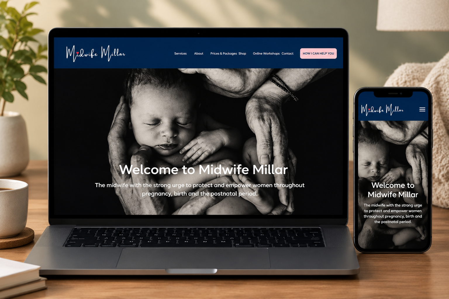 A laptop and smartphone displaying the Midwife Millar website with a black-and-white image of a newborn baby held in caring hands.