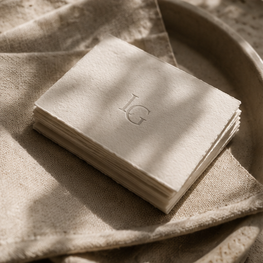 Stack of white paper napkins with the letters "LG" embossed on the top napkin, resting on a textured fabric surface.