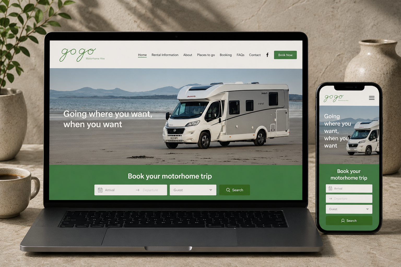 A laptop and smartphone displaying a motorhome rental website with an image of a white motorhome parked on a beach, mountains in the background, and the text 'Going where you want, when you want'.