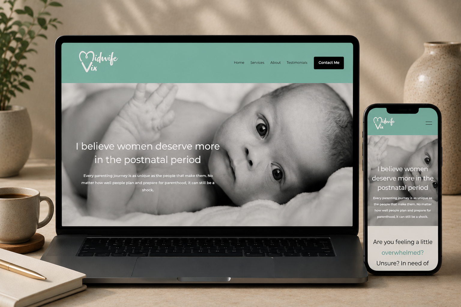 A laptop and smartphone display a website for Midwife Vix with a black and white photo of a newborn baby. The website features a quote about women's needs during the postnatal period and navigation options like Home, Services, About, and Testimonials.