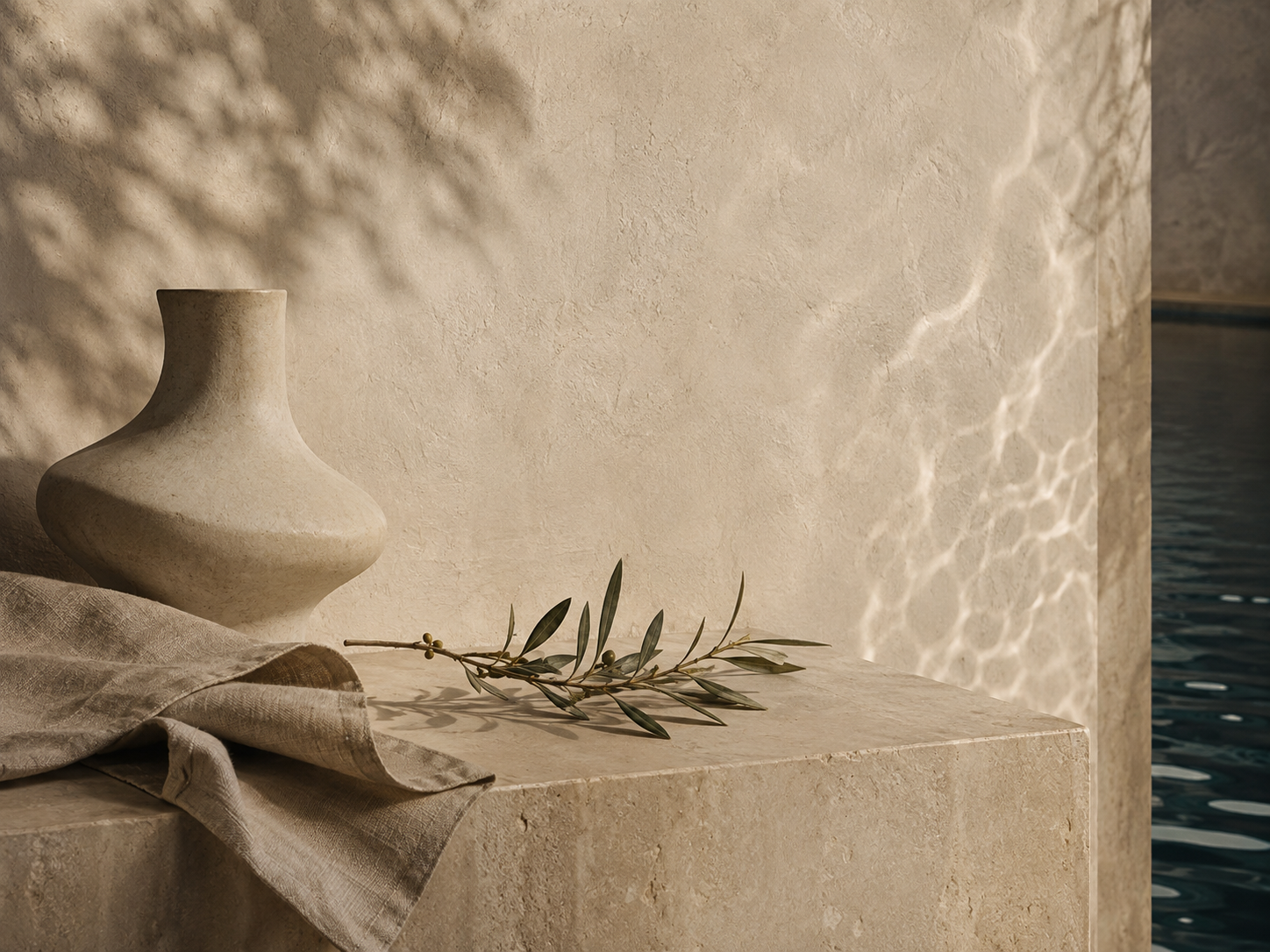A beige textured stone surface with a large ceramic vase, a linen cloth, and a sprig of greenery, with sunlight creating reflections on the wall and water.