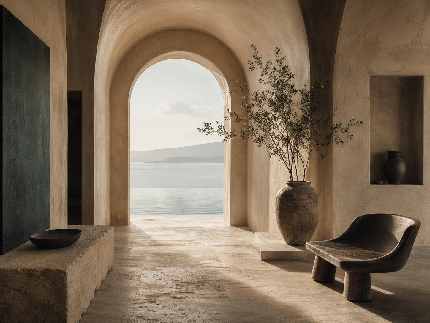 A minimalist interior with beige-toned stone walls and flooring, a large arched window overlooking water and mountains, a large potted plant, a black vase on a niche, a curved wooden chair, and a bench with a black shallow bowl.