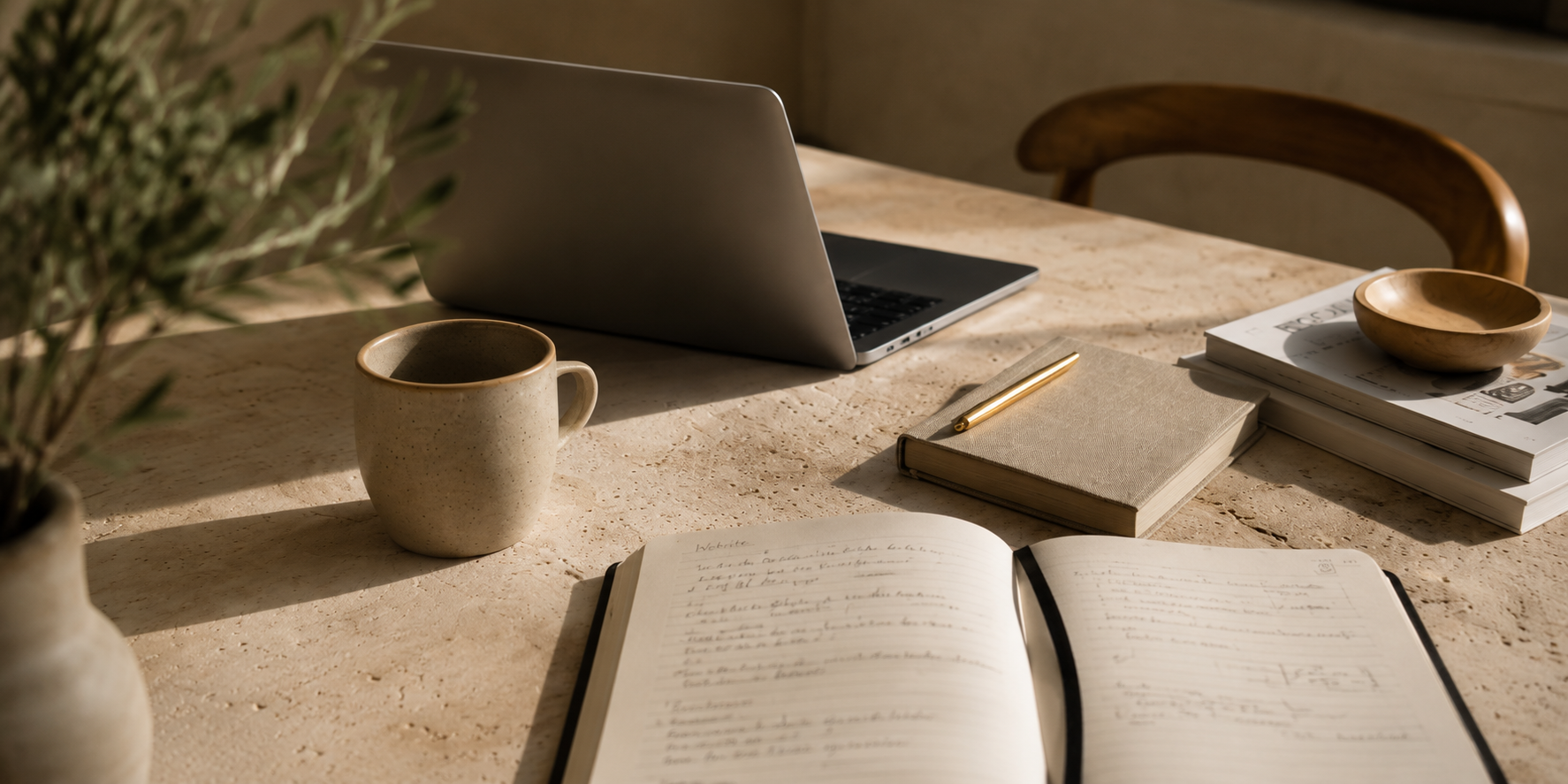 A workspace with an open notebook, closed books, a gold pen, a laptop, a beige coffee mug, wooden bowls, and magazines on a textured beige table in warm sunlight.