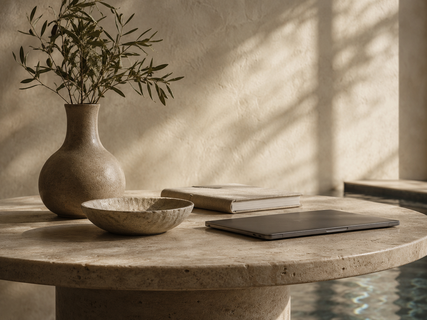 A beige marble table with a large matching vase holding green leafy branches, an empty marble bowl, a closed book, and a laptop, with soft sunlight casting shadows on the wall behind.