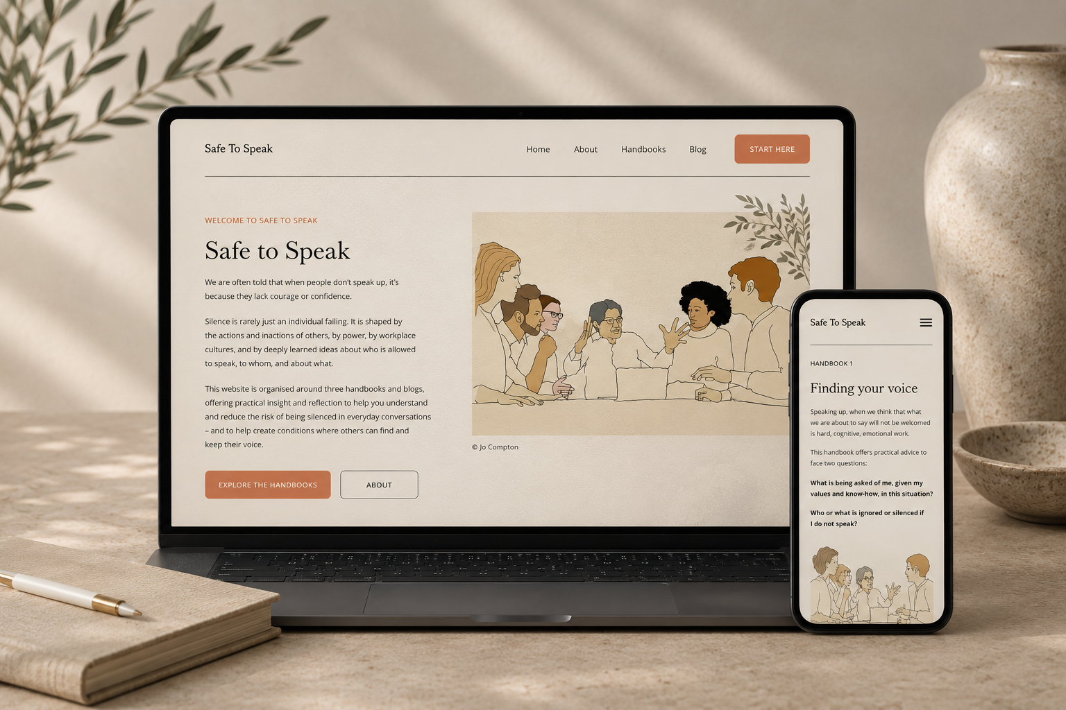 A laptop and a smartphone on a beige desk displaying a website titled "Safe to Speak" related to speaking up, confidence, and workplace culture. The website features illustrations of people in discussion and has menu options including Home, About, Handbooks, Blog, and a start button.