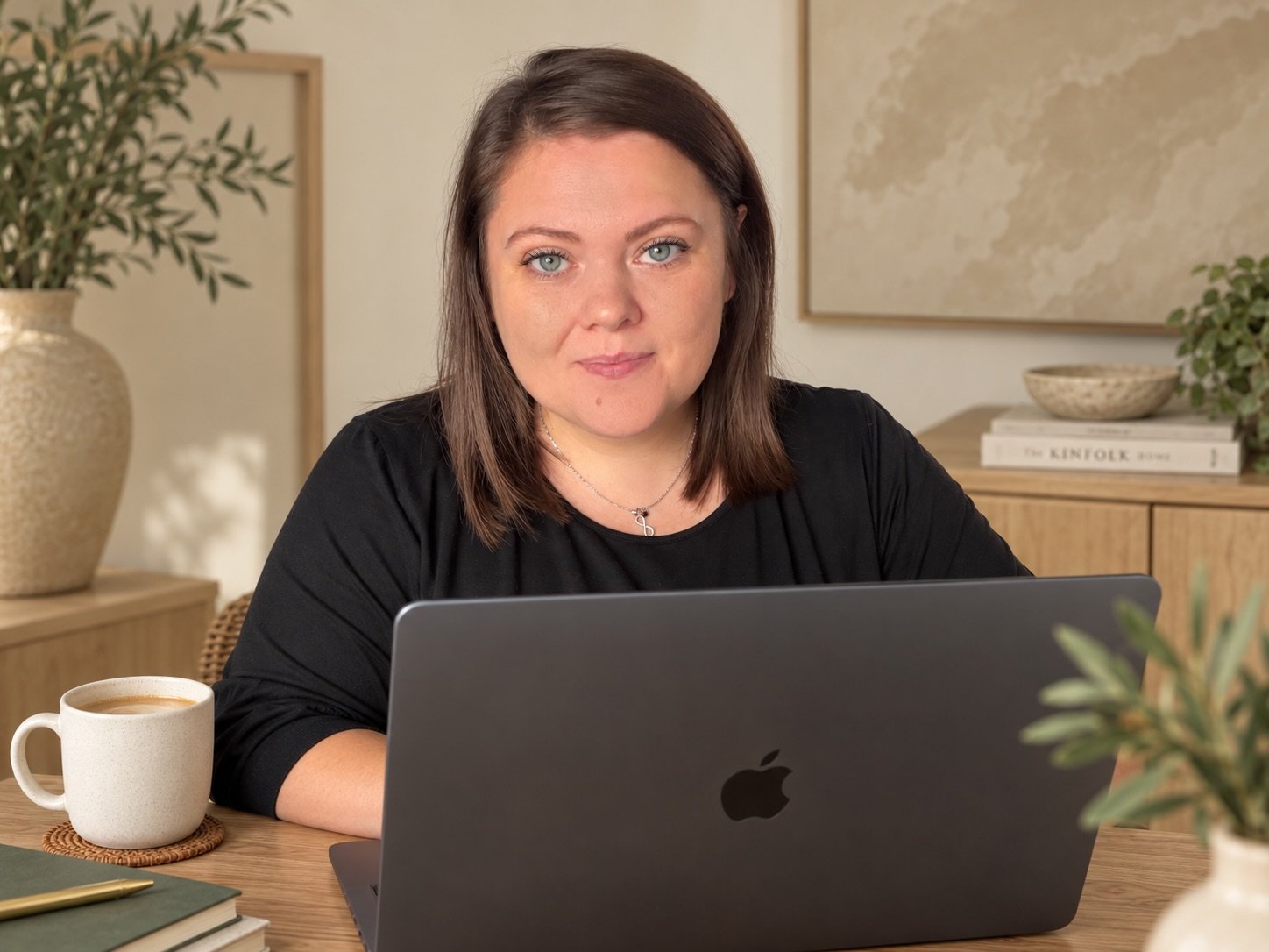 A woman with shoulder-length brown hair and blue eyes sitting at a wooden desk using a silver MacBook laptop, with a coffee mug, a closed book, and a green notebook in front of her. The background includes a beige wall, a large textured artwork, and a wooden sideboard with decorative plants and books.