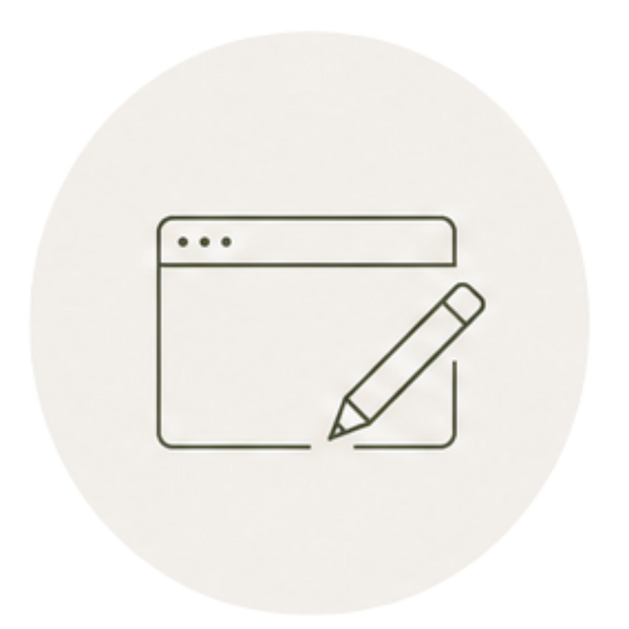 Close-up of a white circular object with a simple black outlined drawing of a computer monitor and a pencil.