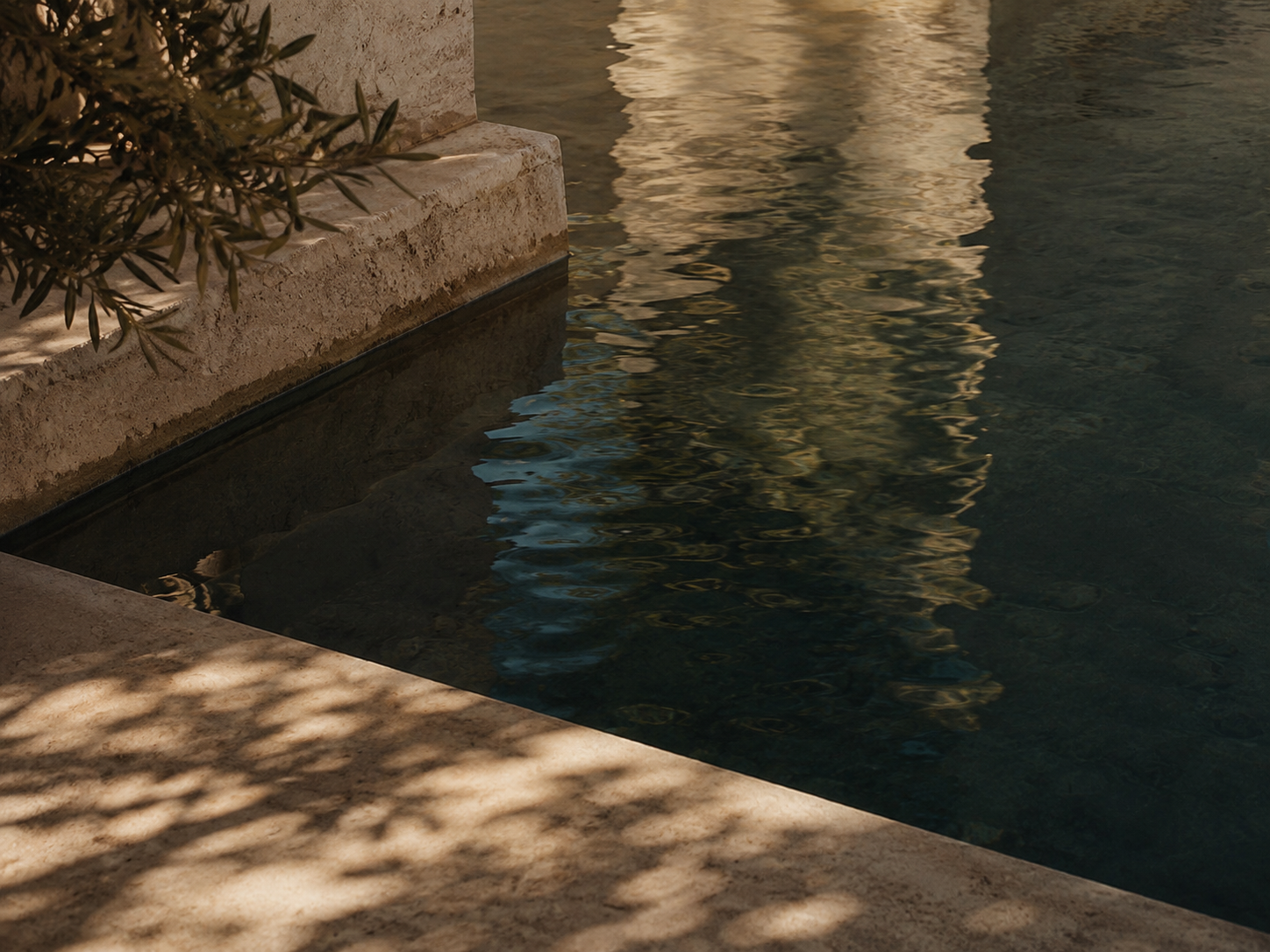 A corner of a swimming pool with water reflections, surrounded by stone and concrete surfaces, and some plant leaves casting shadows.