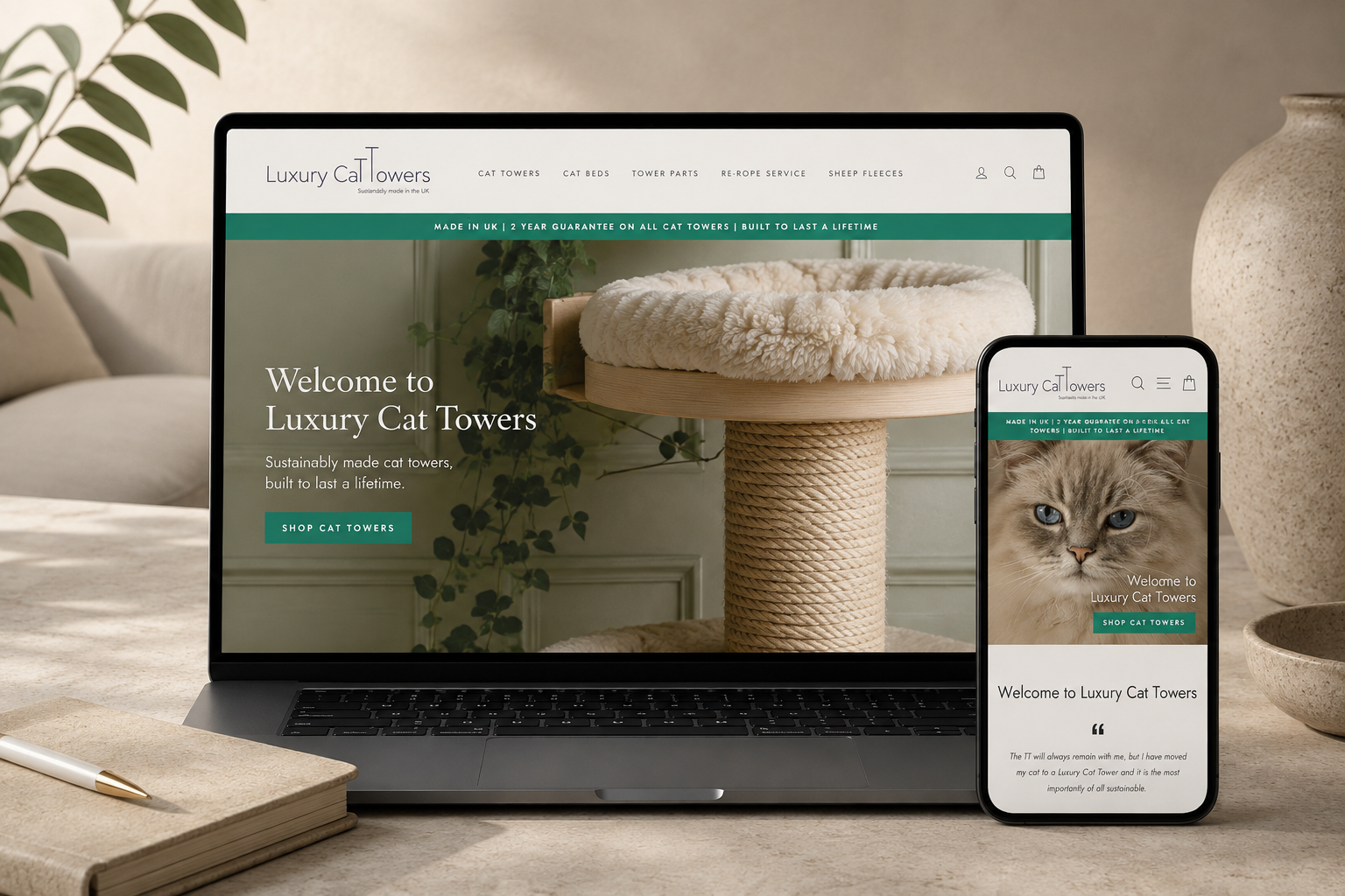 A laptop and a smartphone showing the homepage of Luxury Cat Towers, a website for sustainable, luxury cat furniture, placed on a light-colored desk with plant and decorative items in the background.