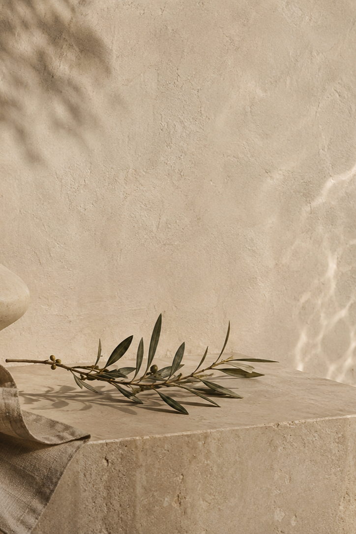 A sprig of olive leaves resting on a stone surface with a beige background and soft lighting.