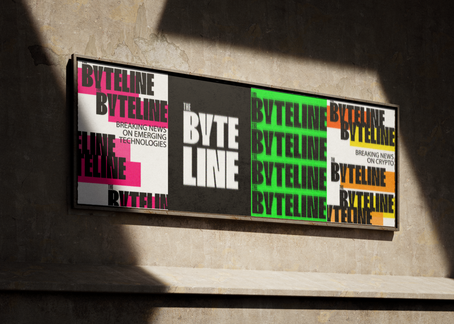 A framed poster on a concrete wall with the title 'The Byte Line' and related headlines about emerging technologies and crypto, displayed in multiple colorful styles and backgrounds.
