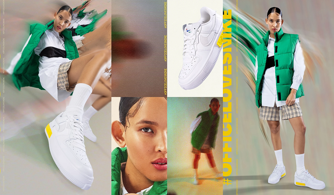 Collage of fashion and sneaker advertisement featuring a woman in a green vest and plaid shorts, white sneakers with yellow accents, close-up of a woman's face, and a blurred figure wearing a green jacket. Text includes '#OFFICIALLOVESNIKE' and 'LOVE