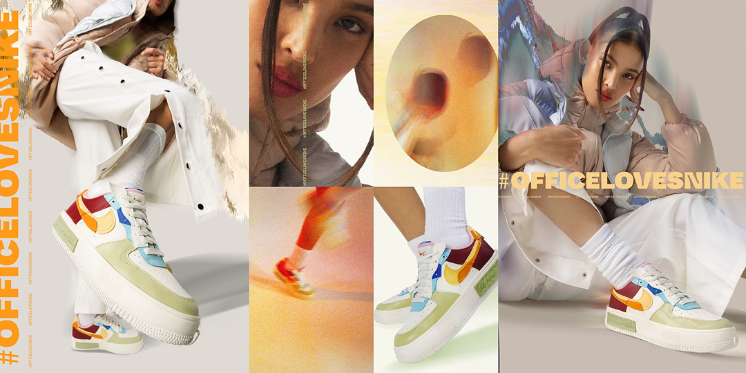 Collage of photos featuring a young woman wearing white sneakers with colorful accents, a close-up of her face, blurred motion of her running, and her sitting with her hand on her head. The collage includes hashtags #OFFICELUVESNIKE and #OFFICELUVESN
