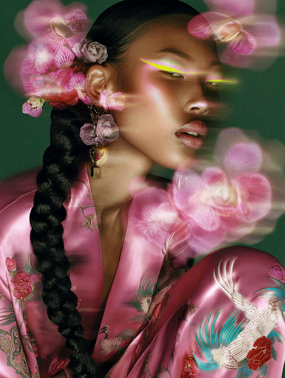 A woman with styled black hair in a long braid, wearing a pink silk robe with floral and bird embroidery, surrounded by floating pink flowers, and sporting striking neon green eye makeup.